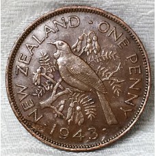 NEW ZEALAND 1943 . ONE 1 PENNY . ERROR . PLANCHET FLAW